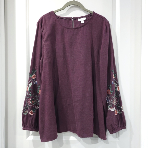 J JILL Boho Chic Plum Long Sleeve Blouse Floral Embroidered Cotton Blend Tunic - Picture 16 of 16